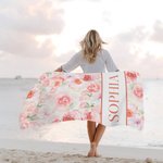 Personalisiertes Aquarell-Blumen Strandtuch mit Namen schnelltrockendes Badetuch für Urlaub Strand Garten Geburtstag Geschenk für Damen