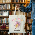 Personalised Teacher Pink Bow Pencil Canvas Tote Bag with Name Teacher’s Day Back to School Gift for Teacher