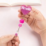 Personalised Hot Pink Doll Beaded Glitter Heart Acrylic Retractable Badge Reel with Name Birthday Nurse Week Gift for Nurse Doctor Office Workers