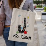 Gepersonaliseerde Pencil Apple Notebook Papier Elementen Fun Letter Canvas Tote Bag met Naam Waardering Terug naar School Gift voor Leraar