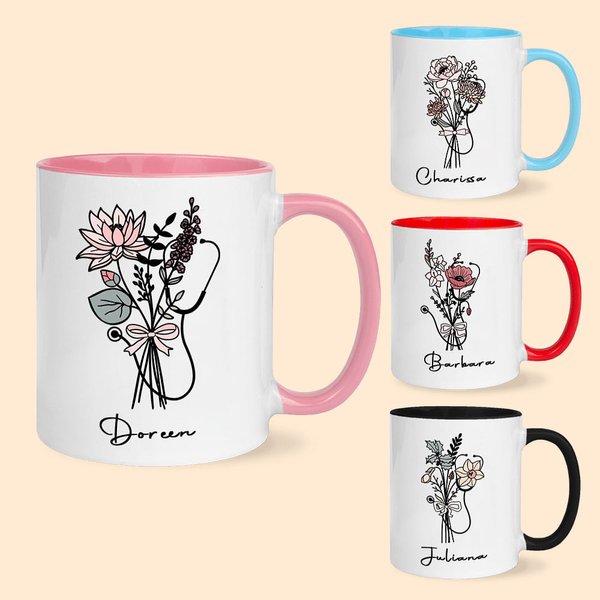 Personalized Stethescope Birth Flower Bow Bouquet 11oz Coffee Mug with Name Nurse Thank You Gift for Nurse Doctor