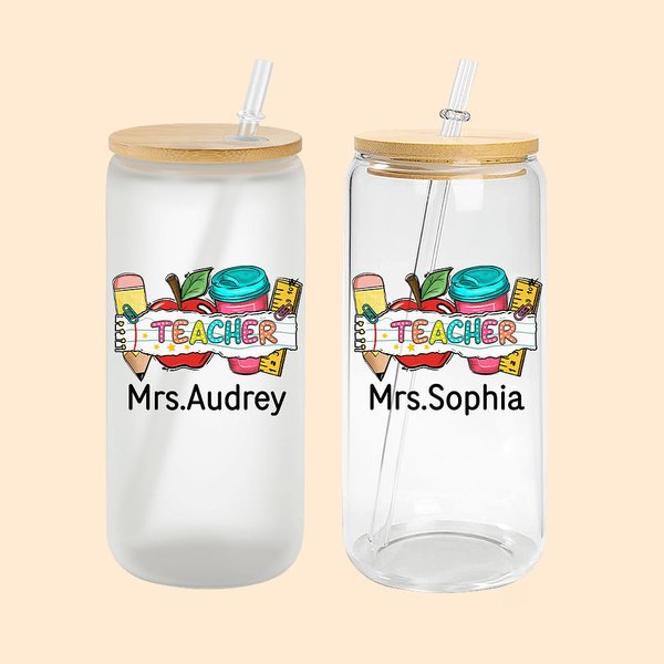 Personalized Cute Pencil Apple Ruler 20oz Glass Cup with Name Straw Teacher's Day Appreciation Gift for Teacher