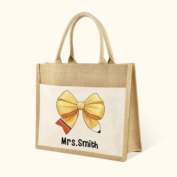 Sac Fourre-tout en Jute Personnalisé avec Nom Sac à Main de Grande Capacité avec Poche Frontale Cadeau Journée des Professeurs pour Femme