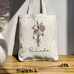 Personlig Födelse Blomma Bukett Bow Canvas Tote Bag med Namn Födelsedag Bröllop Present till henne