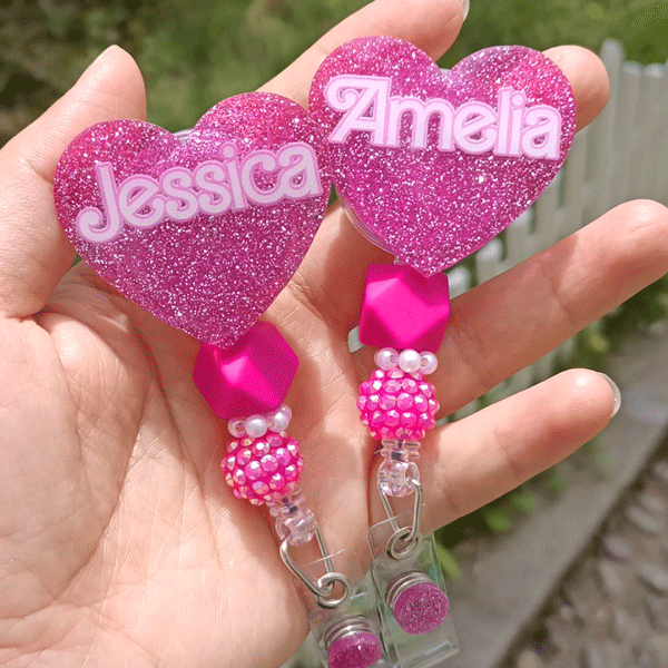 Personalised Hot Pink Doll Beaded Glitter Heart Acrylic Retractable Badge Reel with Name Birthday Nurse Week Gift for Nurse Doctor Office Workers