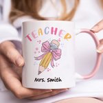 Personalised Pencil Coquette Bow 11oz Ceramic Mug with Name Appreciation Back to School Gift for Teacher