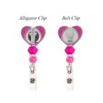 Personalised Hot Pink Doll Beaded Glitter Heart Acrylic Retractable Badge Reel with Name Birthday Nurse Week Gift for Nurse Doctor Office Workers