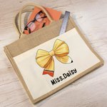 Personalized Pencil Bow-knot Name Jute Tote Bag Large Capacity with Front Pocket Teacher's Day Appreciation Gift for Teacher