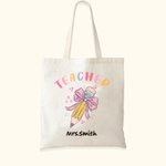 Personalised Teacher Pink Bow Pencil Canvas Tote Bag with Name Teacher’s Day Back to School Gift for Teacher