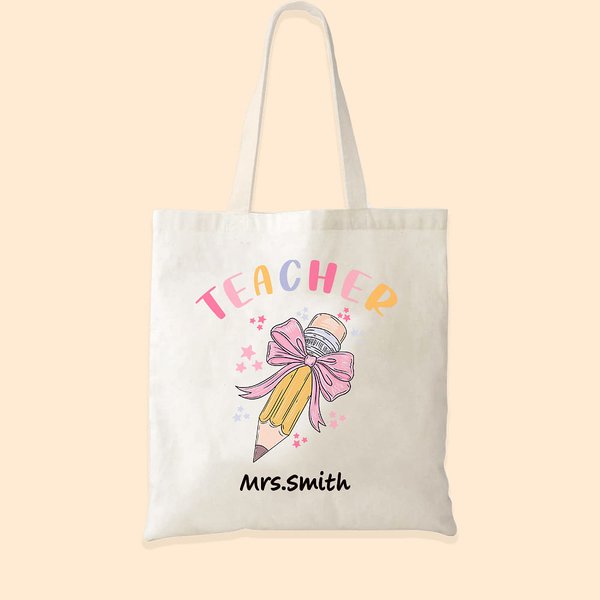 Personalised Teacher Pink Bow Pencil Canvas Tote Bag with Name Teacher’s Day Back to School Gift for Teacher