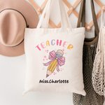 Personalised Teacher Pink Bow Pencil Canvas Tote Bag with Name Teacher’s Day Back to School Gift for Teacher