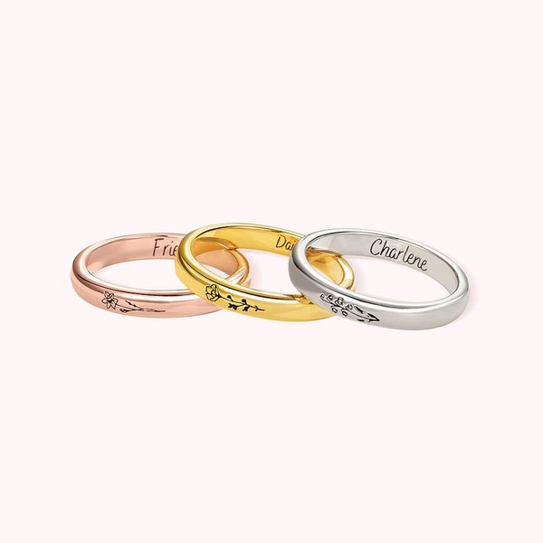 Bague Personnalisée avec Fleur de Naissance et Nom Bijou Minimaliste Cadeau d’Anniversaire ou Fête des Mères pour Elle