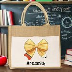 Personalized Pencil Bow-knot Name Jute Tote Bag Large Capacity with Front Pocket Teacher's Day Appreciation Gift for Teacher