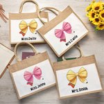 Personalized Pencil Bow-knot Name Jute Tote Bag Large Capacity with Front Pocket Teacher's Day Appreciation Gift for Teacher