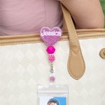 Personalised Hot Pink Doll Beaded Glitter Heart Acrylic Retractable Badge Reel with Name Birthday Nurse Week Gift for Nurse Doctor Office Workers