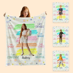 Coperta morbida personalizzata con foto e nome, con disegno a pastello colorato, regalo ispiratore di compleanno per bambini.