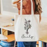Personlig Födelse Blomma Bukett Bow Canvas Tote Bag med Namn Födelsedag Bröllop Present till henne