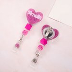 Personalised Hot Pink Doll Beaded Glitter Heart Acrylic Retractable Badge Reel with Name Birthday Nurse Week Gift for Nurse Doctor Office Workers
