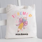 Personalised Teacher Pink Bow Pencil Canvas Tote Bag with Name Teacher’s Day Back to School Gift for Teacher