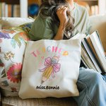 Personalised Teacher Pink Bow Pencil Canvas Tote Bag with Name Teacher’s Day Back to School Gift for Teacher
