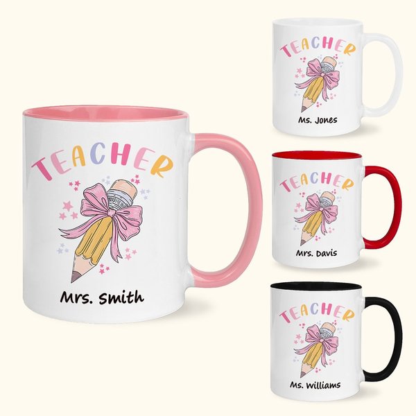 Personalised Pencil Coquette Bow 11oz Ceramic Mug with Name Appreciation Back to School Gift for Teacher