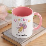 Personalised Pencil Coquette Bow 11oz Ceramic Mug with Name Appreciation Back to School Gift for Teacher