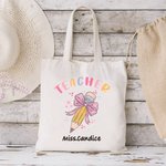 Personalised Teacher Pink Bow Pencil Canvas Tote Bag with Name Teacher’s Day Back to School Gift for Teacher