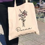 Personlig Födelse Blomma Bukett Bow Canvas Tote Bag med Namn Födelsedag Bröllop Present till henne