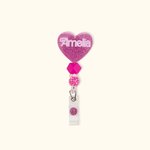 Personalised Hot Pink Doll Beaded Glitter Heart Acrylic Retractable Badge Reel with Name Birthday Nurse Week Gift for Nurse Doctor Office Workers