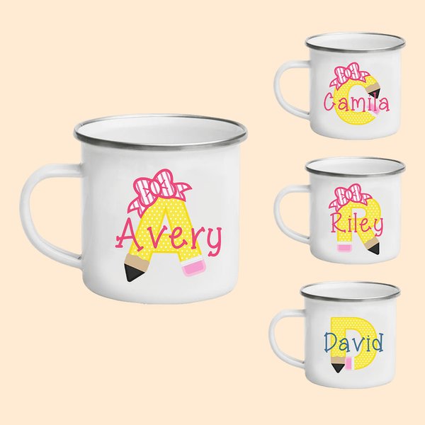 Personalised Cute Bow Pencil 11oz Kid Enamel Mug with Initial & Name Back to School Gift for Boys Girls