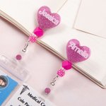 Personalised Hot Pink Doll Beaded Glitter Heart Acrylic Retractable Badge Reel with Name Birthday Nurse Week Gift for Nurse Doctor Office Workers