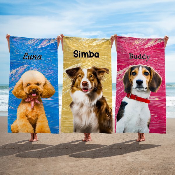Toalla de playa de secado rápido con retrato al óleo de mascota personalizado y nombre Regalo de cumpleaños para los amantes de las mascotas