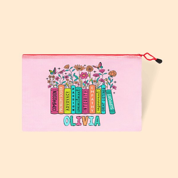 Personalised Colourful Book Pencil Wildflowers Mesh Zipper Pouch Bag with Name Birthday Teacher's Day Appreciation Gift for Teacher