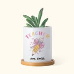Personalized Pink Bow Pencil Teacher Flower Pot with Wooden Base and Name Teacher's Day Appreciation Gift for Teacher