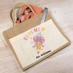 Gepersonaliseerde Potlood Roze Strikje Naam Jute Tote Tas met Voorvak Teacher's Day Appreciation Gift voor Leraar