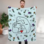 Personalised Heart Hugging Bears Birth Flower Fleece Soft Blanket with 2-9 Names Birthday Gift for Family