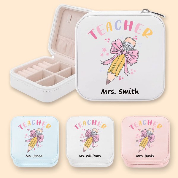 Personalized Pink Coquette Bow Pencil Design Leather Jewellery Box with Name Teacher's Day Appreciation Birthday Gift for Teacher