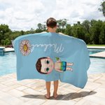 Gepersonaliseerde Cartoonfiguur Sneldrogend Oversized Strandhanddoek met Geboortebloem en Naam Zomer Vakantie Strandfeest Cadeau voor Familie Vrienden