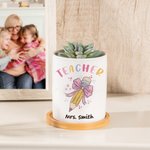 Personalized Pink Bow Pencil Teacher Flower Pot with Wooden Base and Name Teacher's Day Appreciation Gift for Teacher