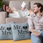 Personalized Love Heart Mr. & Mrs. Throw Pillow Cover with Name and Date Anniversary Valentine's Day Gift for Couple