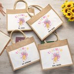 Gepersonaliseerde Potlood Roze Strikje Naam Jute Tote Tas met Voorvak Teacher's Day Appreciation Gift voor Leraar
