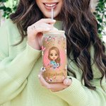 Taza de vidrio esmerilado con tapa de bambú y pajita personalizada de dibujos animados rosa mariposa floral 20 oz regalo de cumpleaños para dama de ho