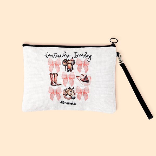 Personalised Cute Kentucky Derby Coquette Bow Women Makeup Bag with Name and Wrist Strap Portable Travel Accessory Gift for Horse Lovers