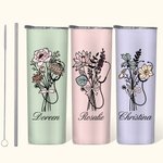 Personalized Birth Flower Bouquet Stethoscope 20oz Tumbler with Name Graduation Appreciation Gift for Nurse Doctor