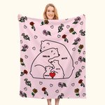 Personalised Heart Hugging Bears Birth Flower Fleece Soft Blanket with 2-9 Names Birthday Gift for Family