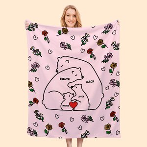 Personalized Heart Hugging Bears Birth Flower Fleece Soft Blanket with 2-9 Names Birthday Gift for Family