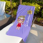 Gepersonaliseerde Cartoonfiguur Sneldrogend Oversized Strandhanddoek met Geboortebloem en Naam Zomer Vakantie Strandfeest Cadeau voor Familie Vrienden