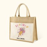 Gepersonaliseerde Potlood Roze Strikje Naam Jute Tote Tas met Voorvak Teacher's Day Appreciation Gift voor Leraar