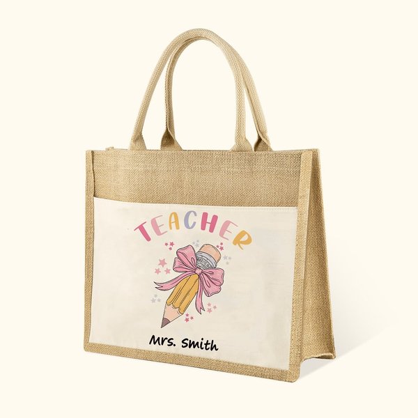 Gepersonaliseerde Potlood Roze Strikje Naam Jute Tote Tas met Voorvak Teacher's Day Appreciation Gift voor Leraar