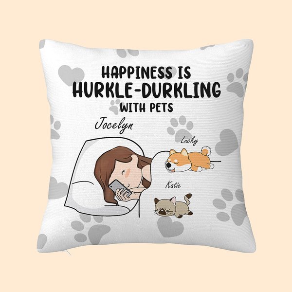 Personalizzato Felicità è Hurkle Durkling con Pet Dog Cat Throw Pillow Cover con nome regalo di compleanno per gli amanti degli animali domestici